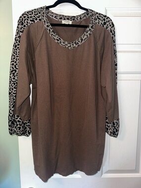 Umgee Brown Mini Dress with Leopard Trim